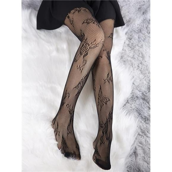 Women's Patterned Tights Fishnet Floral Pantyhose High Waist Stockings - Picture 3 of 5